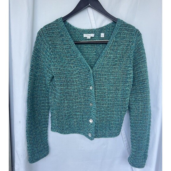Vince Marled Crochet Cardigan Medium Neck Long Sleeve Knit Green Open Front - Picture 1 of 7